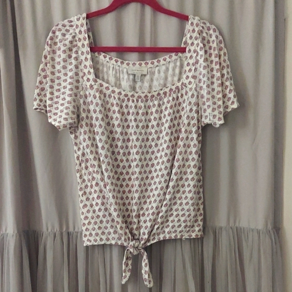 Lucky Brand Square Neckline Hippie Chic Rose Design Tie Top Sz S